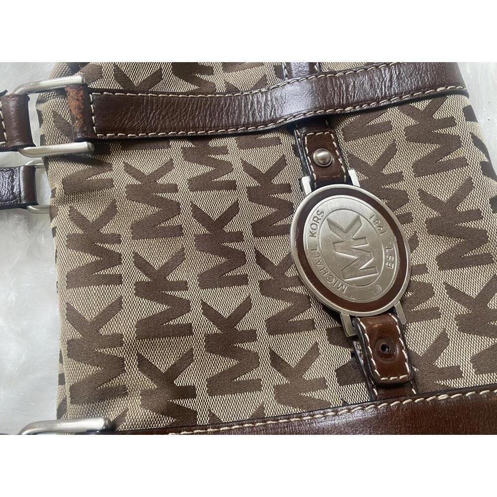 Michael Kors Brown MK Logo Canvas and Leather Shoulder Bag - Picture 2 of 8